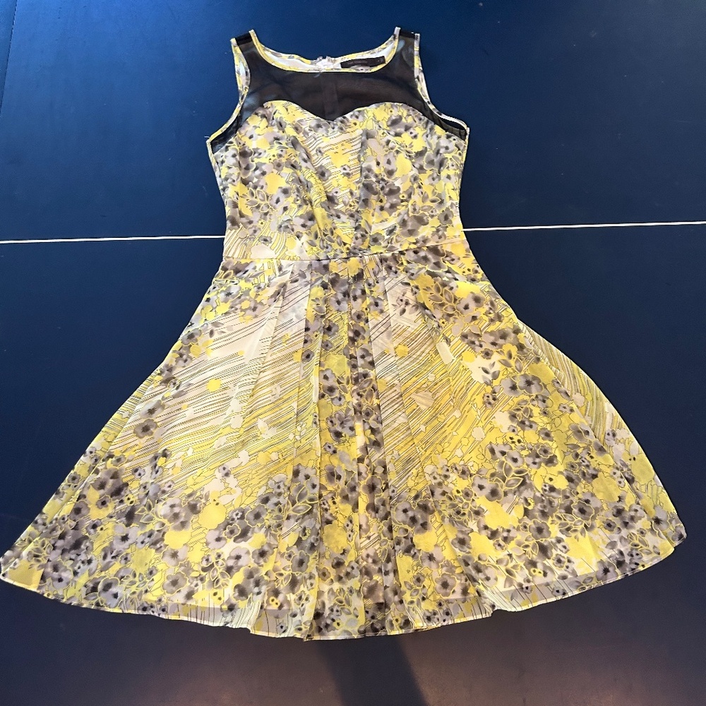 Wrinkle Free Chiffon Yellow Black Floral Dress